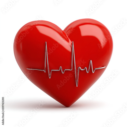Red Heart with Heartbeat Line Isolated on White Background