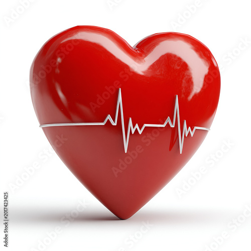 Red Heart with Heartbeat Line Isolated on White Background