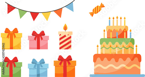 Tableau sur toile Birthday Celebration Set Featuring Colorful Gift Boxes, Cake, Candles, Party Ban