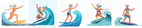 vector of a grandma surfing on a summer beach