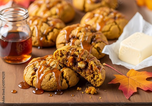 Delicious pumpkin cookies with glaze and fall autumn decorations