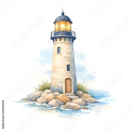 Watercolor lighthouse on the rocks isolated on white background 