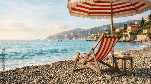 Red and White Striped Beach Chair on Pebble Shore with Ocean View