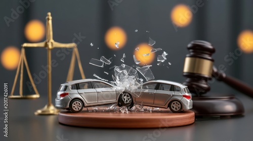 Silver car collision with broken glass effect on wooden base, gavel, and balance scale symbolizing legal dispute, accident responsibility, and justice concept
