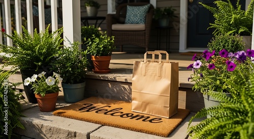 Delivery bag on welcome mat beside potted plants on front porch