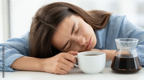 Tired young woman sleeping on table with eyes closed holding white coffee cup during morning fatigue and exhaustion indoors at home in casual blue shirt