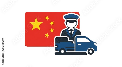 Delivery driver illustration with flag and vehicle isolated on white background