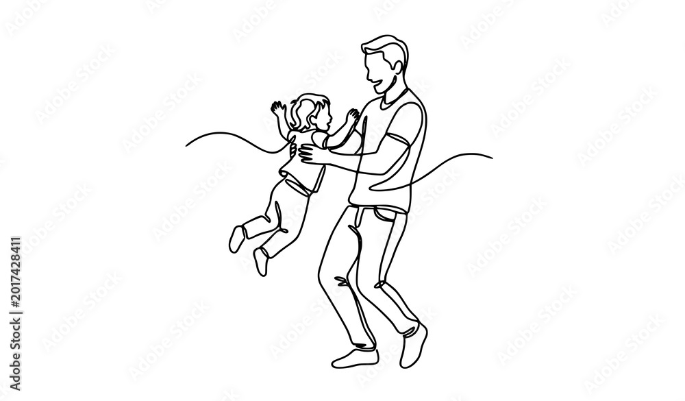 Fototapeta premium Father lifting child continuous one line playful family vector illustration