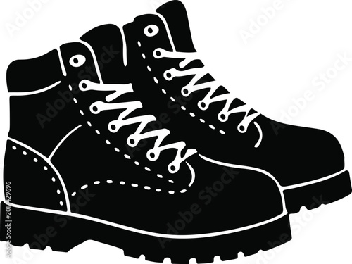 Pair of heavy-duty hiking boots for trekking, mountain climbing gear, and outdoor survival adventure footwear silhouette.