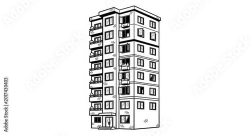 Photography Tall residential building with multiple stories and windows.