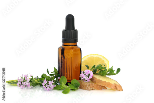 Φωτογραφία Herb spice antihistamine treatment for hayfever and congestion on white with brown tincture bottle