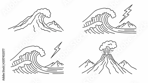 Waves and Volcano Line Drawings.