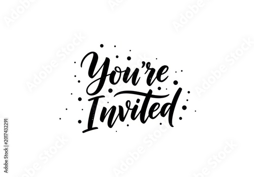 elegant calligraphy you're invited text with black ink splatter background