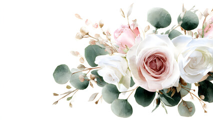Delicate watercolor floral border with white roses and eucalyptus leaves isolated on clear white background art.