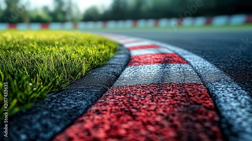 Close-up view of a racetrack curb with red and white markings, curved asphalt race track edge with vibrant green grass on the side.