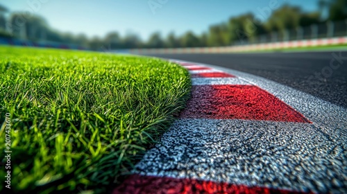 Asphalt race track curve with red and white curbing, vibrant green grass bordering the edge of the asphalt road.
