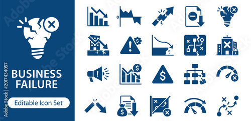 Tableau sur toile Business Failure Solid Icon Set, Startup Collapse and Financial Loss, Bankruptcy