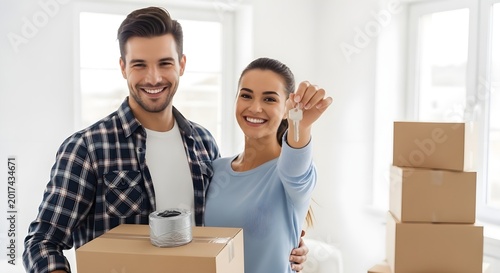 happy couple moving into new home.