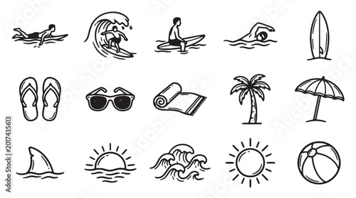 Photography Minimalist summer beach icons set, black line surfing and swimming vector elemen