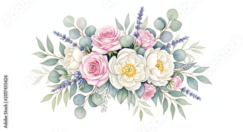 Beautiful watercolor flower arrangement with soft pink roses lavender and lush eucalyptus foliage for celebration.