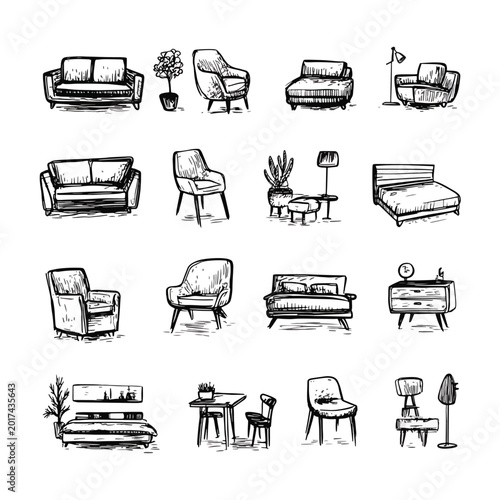 Furniture icons in a sketch style.
