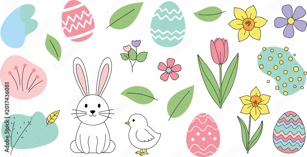 Fototapeta premium Hand Drawn Easter Vector Set Featuring Cute White Rabbit Small Yellow Chick Colorful Patterned Eggs Spring Flowers Leaves and Abstract Pastel Shapes
