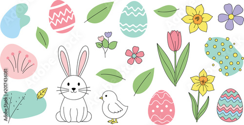 Hand Drawn Easter Vector Set Featuring Cute White Rabbit Small Yellow Chick Colorful Patterned Eggs Spring Flowers Leaves and Abstract Pastel Shapes