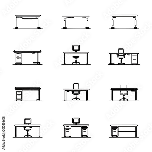 Various office desks with furniture.