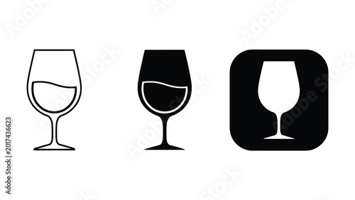 Photos Wine glass icons: outline silhouette black square with line art silhouette bever