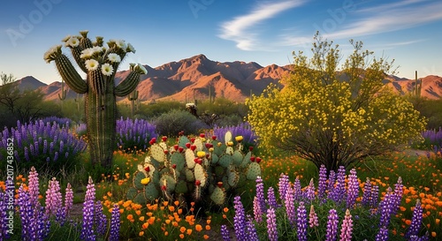 Desert landscape with blooming flowers and cacti under a clear sky