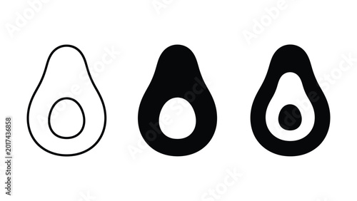 Foto Avocado icons: line art solid black outline silhouette with black and white back