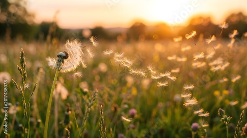 Dandelion seeds blowing in the wind during a golden sunset.