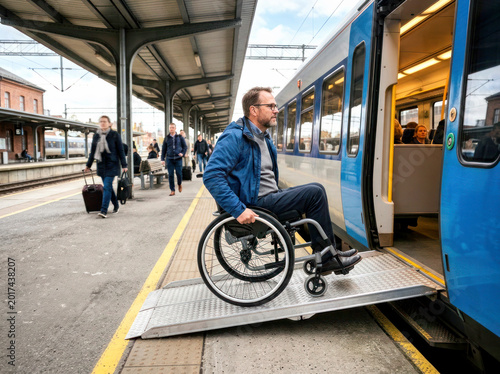 Accessible Public Transport for Travelers With Disabilities. Inclusive transportation image showing a wheelchair traveler using an accessibility ramp to board a passenger train safely.