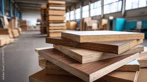 Layered plywood boards stacked in a woodworking factory, ideal for construction materials and manufacturing supply content.