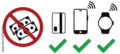 Foto Cashless no cash only card mobile phone and smart watch payment option sign, sim
