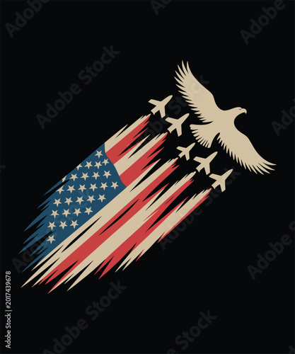 Patriotic eagle and jet fighter formation with American flag design for military pride art
