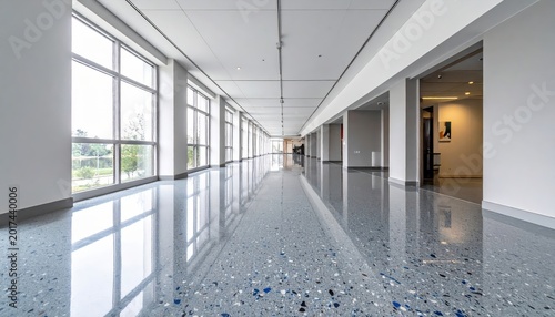 Spacious modern office corridor featuring polished terrazzo flooring and large windows, creating a bright and open atmosphere.