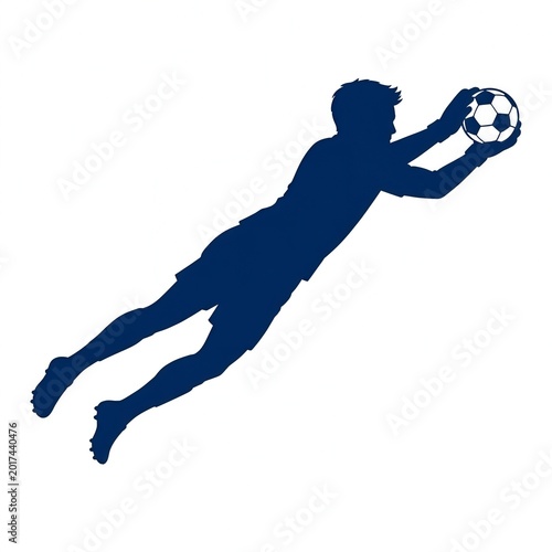 Dynamic vector silhouette of a soccer goalkeeper diving to make a crucial save, expertly catching the ball in mid-air during intense sports action, symbolizing agility and athletic prowess