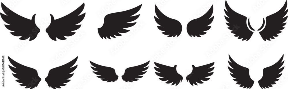 Fototapeta premium Angel Wings Icon Set Bird Wing Fantasy Feather Tattoo Emblem Silhouette Vector Illustration Collection