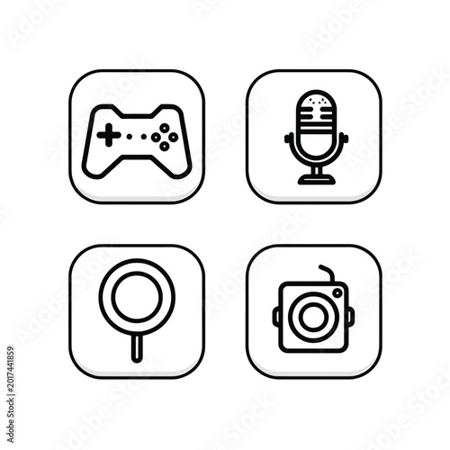 Icons of gaming and recording devices.