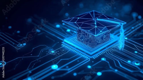 Digital Education - Futuristic Academic Cap and Circuitry.