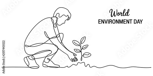 Foto Continuous one line drawing of a person planting a small tree for world environm