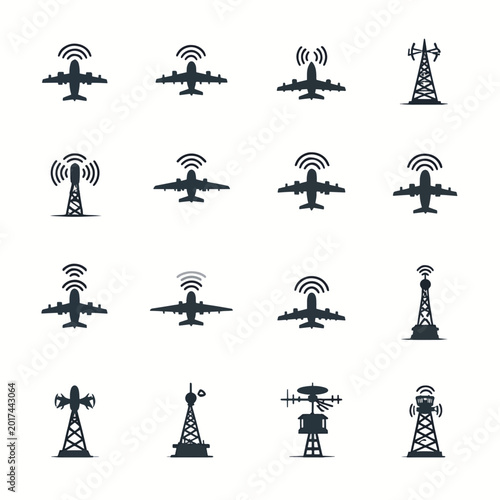 Airplane and cell tower communication icons.