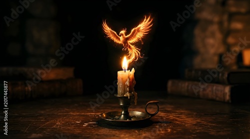 A magical phoenix rising from a lit candle flame in a dark room.