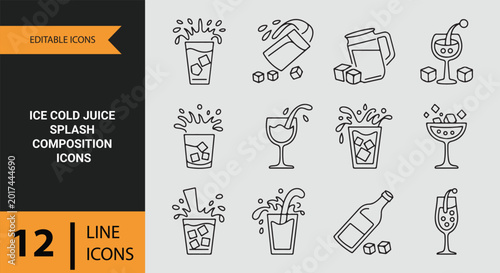 Fényképezés Ice Cold Juice Splash Composition Outline Icons For Summer Beverage