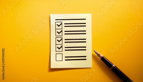 checklist on yellow background with pen organizing tasks and priorities
