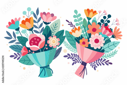 Colorful bouquets of flowers wrapped in paper on white background