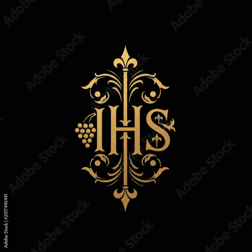 Quadro su tela Golden IHS monogram with grapes and ornate flourishes.