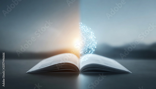 Open book sunrise digital network futuristic knowledge learning technology innovation education imagination