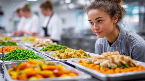 Young chef admiring the fresh food in a cafeteria setting.
